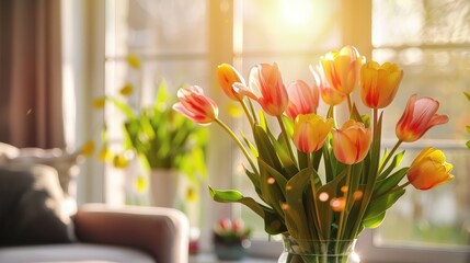 Vibrant tulip bouquet in vase in cozy room Festive gift flowers for website header design
