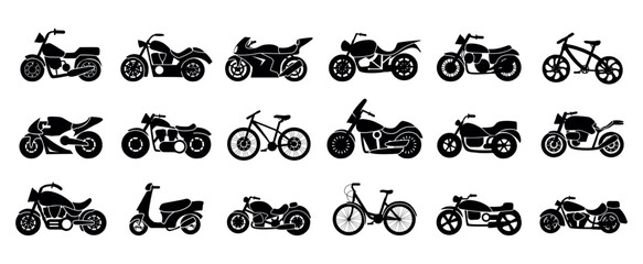 Black motorcycle icons. Motorbike and bicycle for sport and transportation. Flat delivery transport, isolated urban bikes nowaday vector set