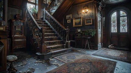 An ornate, vintage staircase in a large, dimly lit, and slightly dusty foyer, showcasing intricate woodwork and classic decor elements reminiscent of a bygone era. 