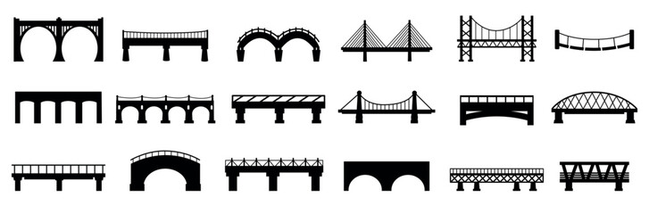 Bridge black silhouettes. Urban industrial architecture constructions, city design elements. Different bridges for town and village, nowaday vector icons