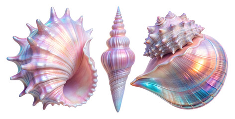 A set of holographic shells with bright shimmering glitter and fancy shapes. The shells are cut out and isolated on a transparent background. Iridescent shell gradient in blue and pink pastel shades.