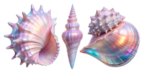 A set of holographic shells with bright shimmering glitter and fancy shapes. The shells are cut out and isolated on a transparent background. Iridescent shell gradient in blue and pink pastel shades.