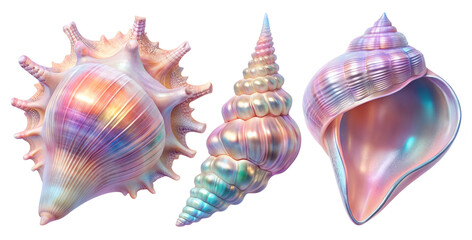 A set of holographic shells with bright shimmering glitter and fancy shapes. The shells are cut out and isolated on a transparent background. Iridescent shell gradient in blue and pink pastel shades.