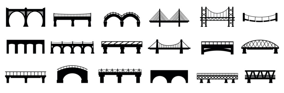 Bridge black silhouettes. Urban industrial architecture constructions, city design elements. Different bridges for town and village, nowaday vector icons