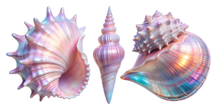 A set of holographic shells with bright shimmering glitter and fancy shapes. The shells are cut out and isolated on a transparent background. Iridescent shell gradient in blue and pink pastel shades.