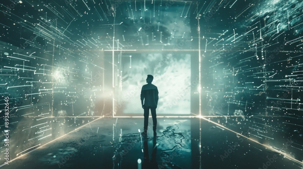 Poster a futuristic image of a person standing in a digital space. the scene features neon lights and holog