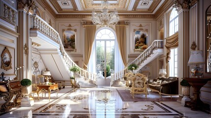Fototapeta premium An opulent interior scene showcasing a grand staircase, luxurious furnishings, and elegant decor, bathed in natural light. 