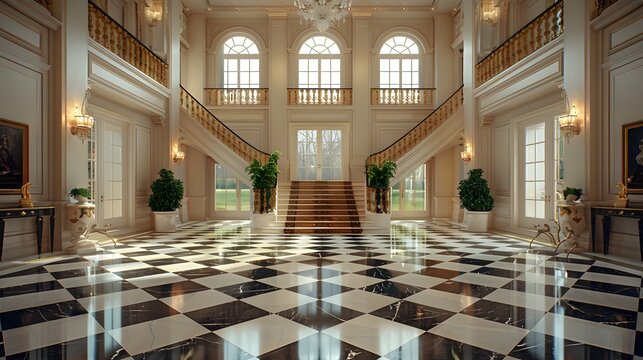 A grand and elegant foyer with a checkered marble floor, sweeping staircases, and large windows allowing natural light to illuminate the opulent space.