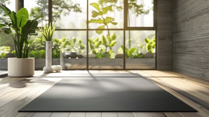 Fototapeta premium Yoga mat on floor in bright, modern fitness space