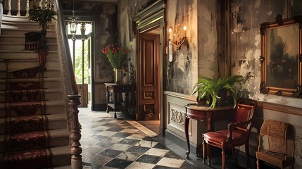 Fototapeta premium An elegant vintage hallway with a staircase, adorned with potted plants and classic furniture, evokes a sense of timeless charm and nostalgia.