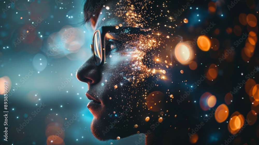 Poster abstract digital art of a human silhouette merged with light particles. conceptual image symbolizing