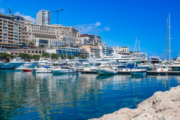 Monaco. Monte Carlo. Luxurious marina in Mediterranean city, epitome of elegance and leisure by the sea