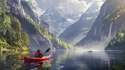 Design a series of images for a travel blog, each capturing a different outdoor adventure, from kayaking to mountain biking in stunning natural settings