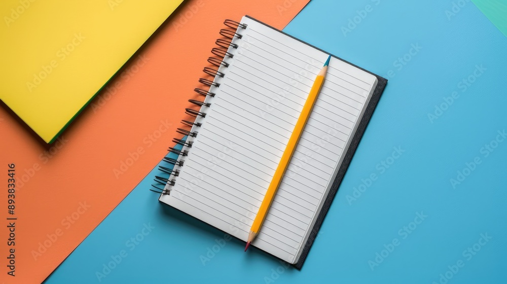 Poster notebook and pencil on colorful surface open spiral notepad on desk blank office notepad with white 