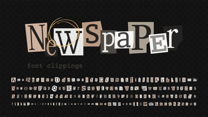 Vintage Newspaper Ransom Note Fonts. Collage cutout detective letters, numbers, punctuation. Trendy anonymous alphabet for grunge design. Clipping scrapbook typeface design in a pop art style.