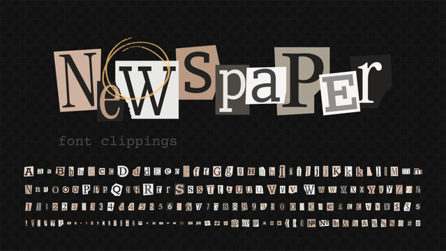 Vintage Newspaper Ransom Note Fonts. Collage cutout detective letters, numbers, punctuation. Trendy anonymous alphabet for grunge design. Clipping scrapbook typeface design in a pop art style.