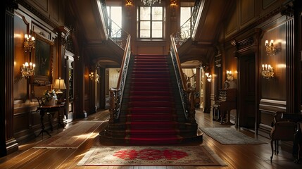 A grand and elegant interior of a historically rich mansion featuring a sweeping staircase and luxurious decor, perfect for depicting opulence and heritage in architecture. 