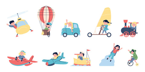 Cartoon kids riding and flying in transport. Children on plane hot air balloon ship helicopter car and train. Drivers and pilots recent vector characters