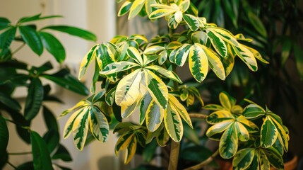 Obraz premium Indoor botanical display of variegated Schefflera arboricola (Umbrella tree) with yellow and green leaves.