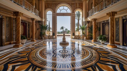 Obraz premium A grand and opulent lobby with intricate marble flooring, elegant architectural details, and lush palm trees visible through large arched windows. 