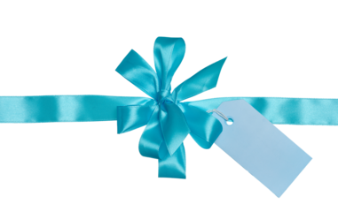 Blue silk ribbon and bow, with a paper tag attached for greetings.