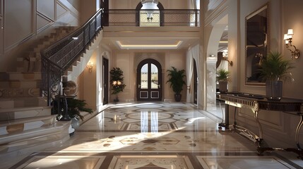 A luxurious and elegantly designed foyer with a grand staircase, polished marble flooring, and tasteful decor elements. 