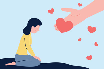 Female support. Human hand holding heart and sharing love with sad woman. Kindness empathy or helping, friendship, therapy and hope recent vector scene