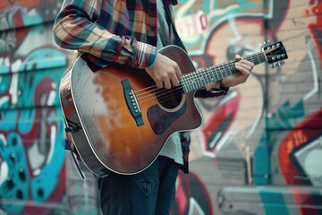 Obraz premium Street Musician Playing Acoustic Guitar in Graffiti Alley