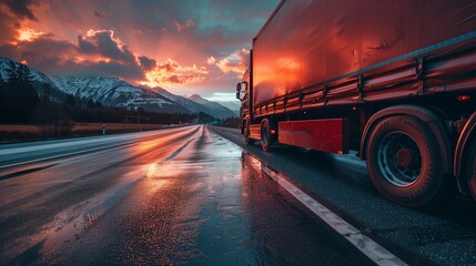 Fototapeta premium Road Freight And Logistics Concept With Cargo Truck Driving Through Forest Landscape On Long Distance Route