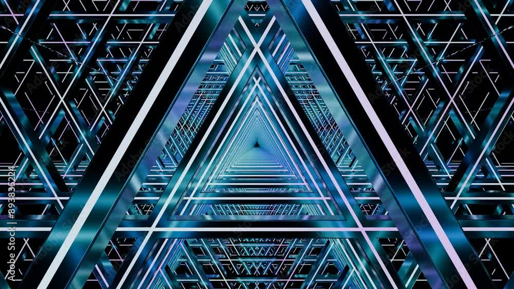 Wall mural graphic with futuristic geometric triangle and line pattern illuminated by neon lights. design