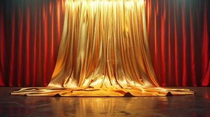 A golden fabric draped over red curtains on a stage illuminated by spotlights
