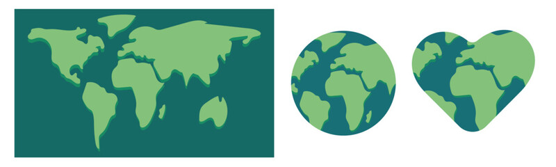 World Map and Earth Icons in Circular and Heart Shapes. World Map in Different Shapes. Rectangular, Circular, and Heart-Shaped