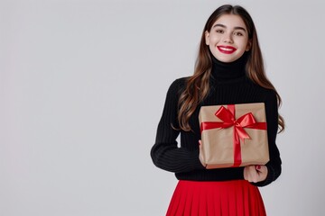 Fototapeta premium A woman exudes elegance in a black turtleneck and red skirt, holding a gift box with a red ribbon. Her smile brings joy to the festive setting, spreading happiness and cheer around her
