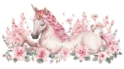Sleeping Unicorn with Pink Flowers
