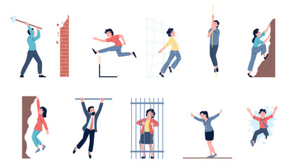 People breaking walls and overcoming obstacles. Purposeful business characters, employee break boundaries and conquer peaks, recent vector scenes