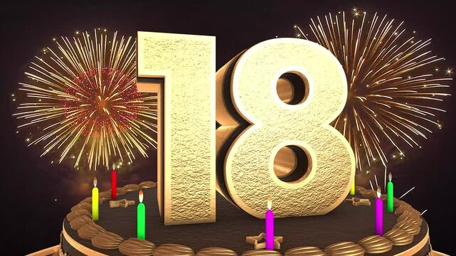18th birthday chocolate cake animation 3d render in chocolate gold with confetti and balloon background. 4k