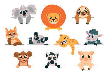 Animal looking out. Different emotional animals peeking and peeping. Childish stickers with funny pets. Cartoon sloth panda fox koala, classy vector set © LadadikArt