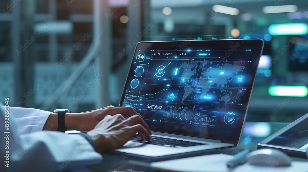 Poster a person using a laptop with a futuristic user interface