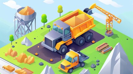 construction dump truck concrete mixer factory isometric style icon design remodeling working repairing theme generated-ai