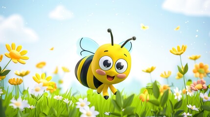 Cute bee, cartoon, illustration on a light background with flowers