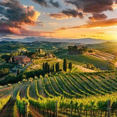 Fototapeta premium Panoramic view of Tuscan vineyards at sunset. Rolling hills, farmhouse, and grapevines. Wine tourism and rural landscape concept for poster and banner Job ID: 400f79be-e733-4eb1-8bbb-98e4b8be6509