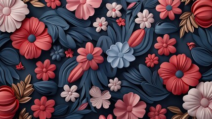 Bold 3D flowers and plants in swirling patterns, forming a dynamic background