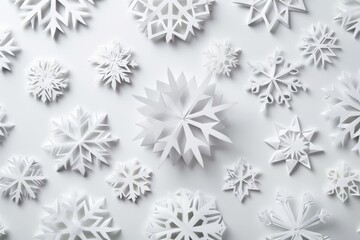 A pattern of white paper cut snowflakes on a pure white background, with each snowflake cut from different shapes and sizes to create an intricate design Generative AI