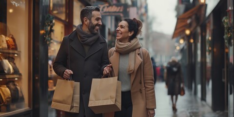 Obraz premium In a bustling city, a joyful couple spends the day exploring shops, chatting with locals, and adding charm to the urban scene with their interaction and laughter, creating a lovely atmosphere