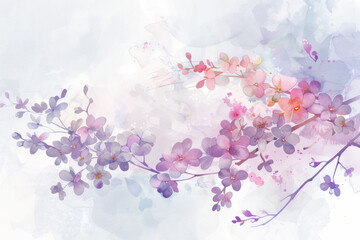 Soft pastel watercolor flowers in shades of purple and pink on a light background creating a dreamy and romantic botanical scene.