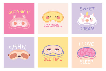 Sleeping mask cards. Simple posters for bedtime with sleeping masks and text. Good night prints, unicorn sloth sheep cute faces racy vector design