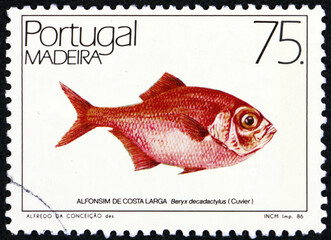 Postage stamp Portugal 1986 alfonsino, beryx decadactylus, a species of deepwater fish