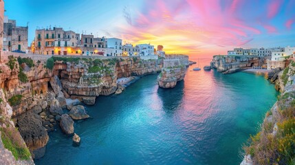 Fototapeta premium spectacular spring cityscape of polignano a mare town puglia region italy europe colorful evening seascape of adriatic sea traveling concept background