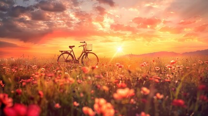 Naklejka premium Sunset Bicycle in Flower Field