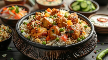 Bowl of rice with marinated chicken and vegetables. Traditional Indian cuisine.